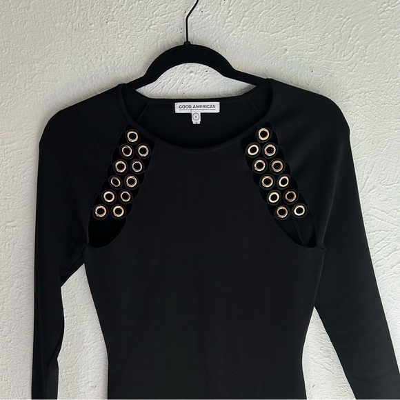 Good American Peepin Grommet Embellished Long Sleeve BodyCon Dress Black Sz 4 XL - Picture 3 of 7